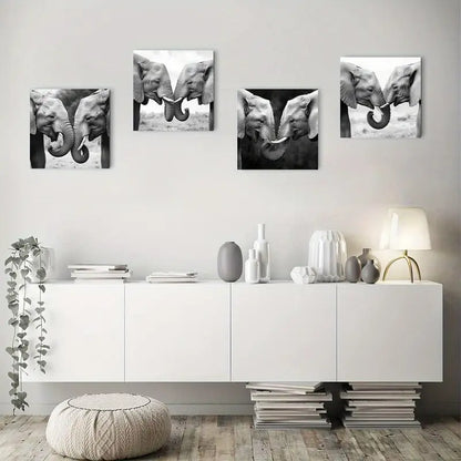 4pcs Black And White Elephant Family Bonding Wall Art Canvas Framed