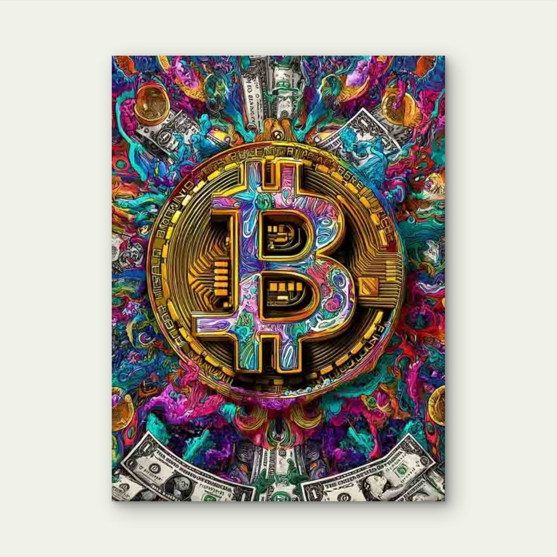 Colorful Bitcoin with Bright, Crypto Art 60x90cm Metal Print Ready to Hang
