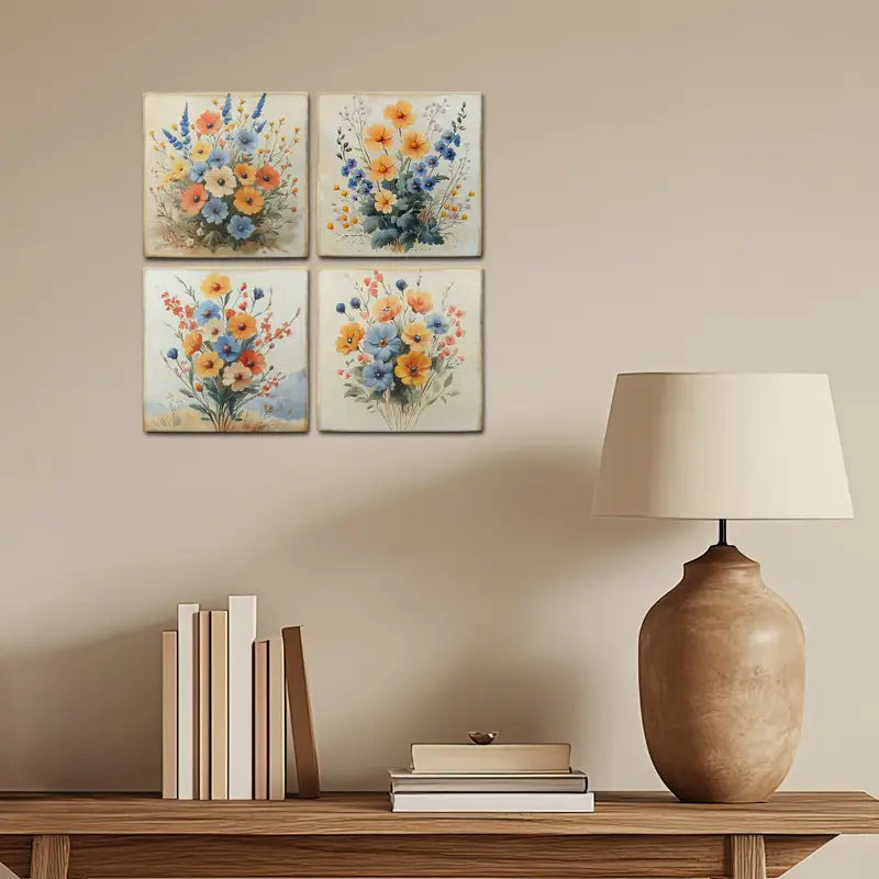 4pcs  Blooming Poppy Flowers Yellow And Blue Wall Art Canvas Framed