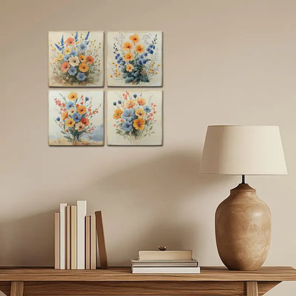4pcs  Blooming Poppy Flowers Yellow And Blue Wall Art Canvas Framed