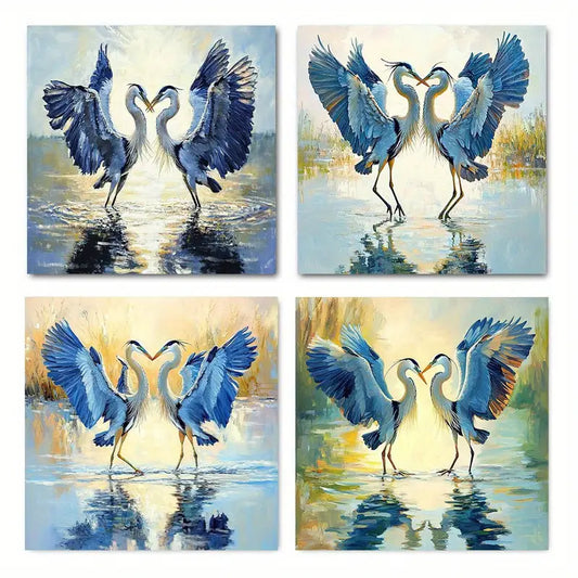 4pcs Romantic Heron Couple In Heart Form Wall Art Canvas Framed