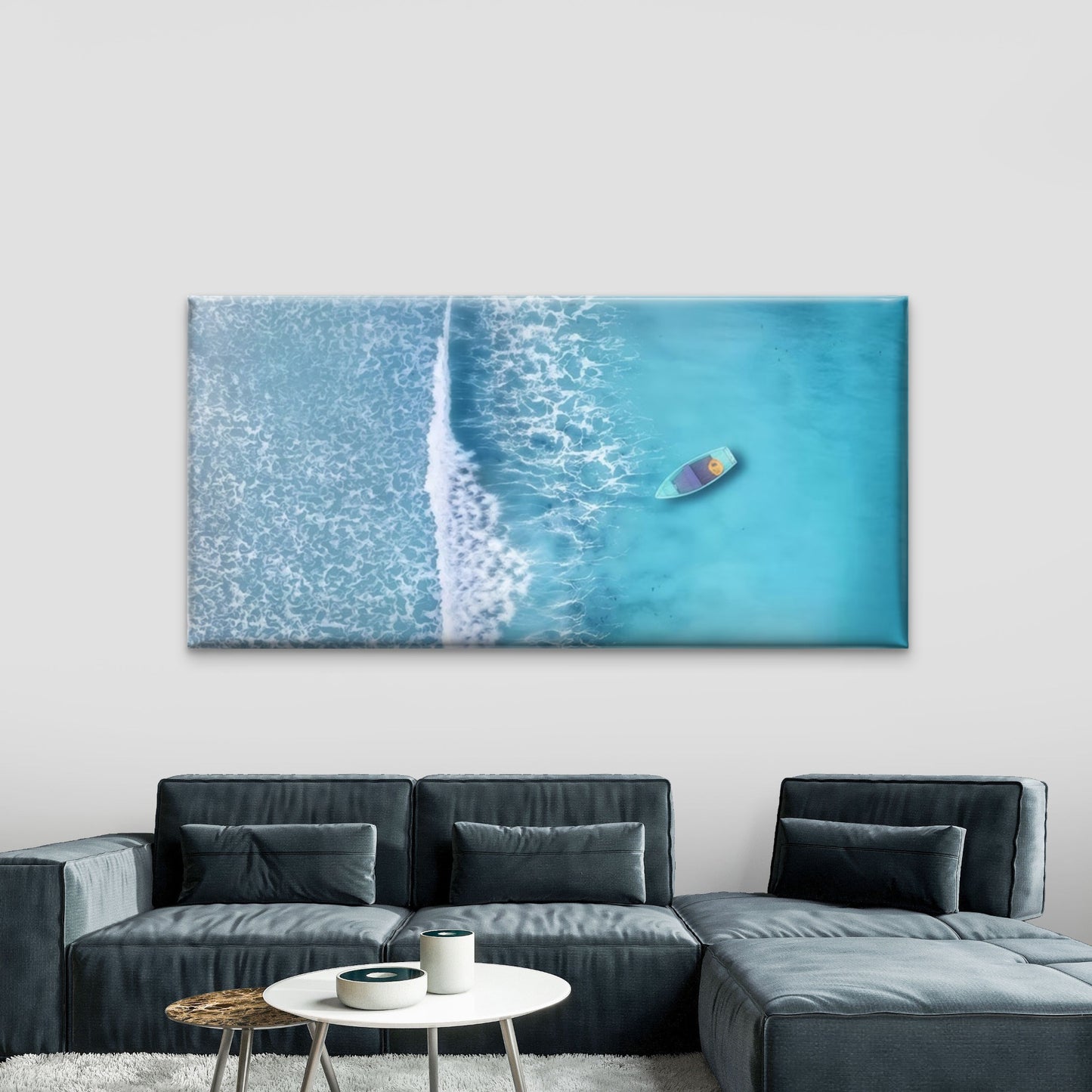 View Of Boat On Ocean Waves Wall Art Canvas Office Home Room Framed 120x60cm
