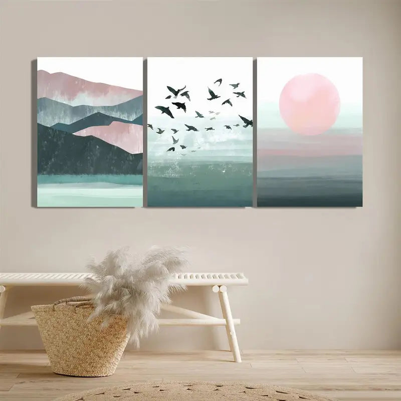 3pcs Soft Pastel Green Blue Pink Turquoise Hues Metal Print Ready to Hang Art