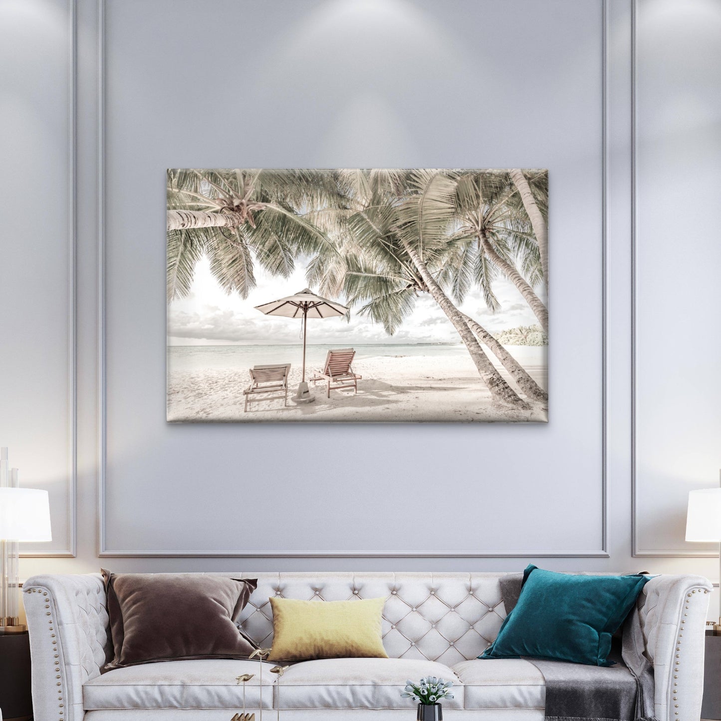 Beach Huts & Plam Trees Sea View Print 100% Australian Made - Bella Home Decor