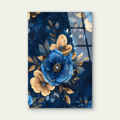 Navy Royal Blue Gold Flowers Acrylic Glass Printing Wall Art Australian Made Quality