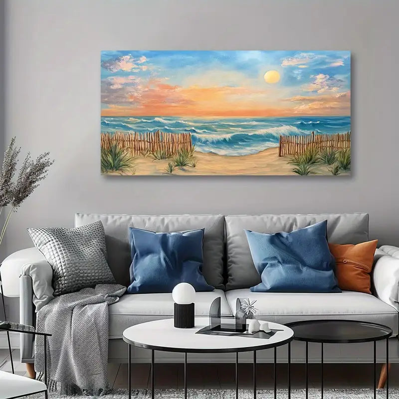Nautical Beach Sunset Vibrant Coastal Scene Serene Ocean Waves & Sandy Shores Wall Art canvas office home room framed 120x60cm - Bella Home Decor