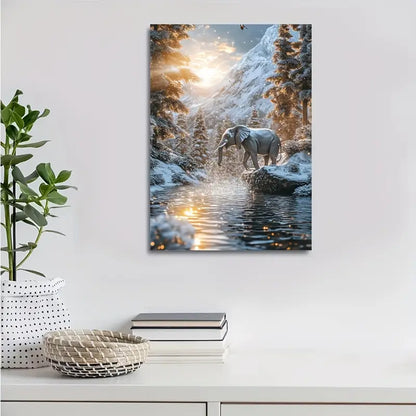 Steampunk Elephant in Snowy Mountain Stream 40x60cm Metal Print Ready to Hang - Bella Home Decor
