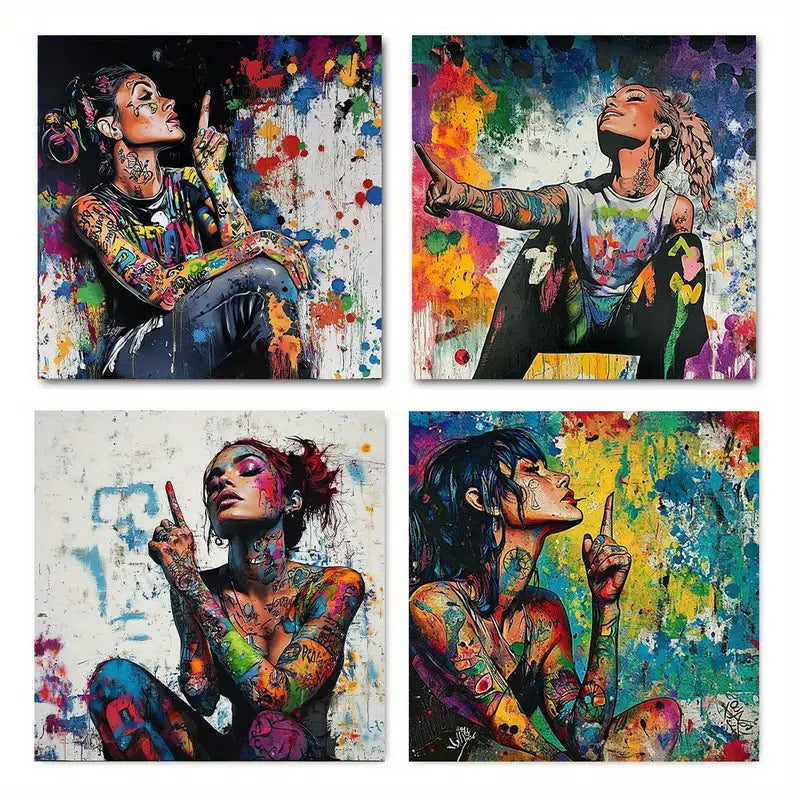 4pcs  Colorful Graffiti Women Paintings   Wall Art Canvas Framed