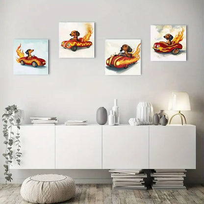 4pcs Classic Car Design, Whimsical Dog Wall Art Canvas Framed