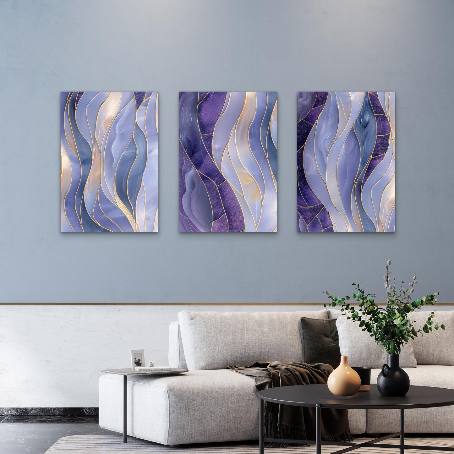 3pcs Modern Violet Marble Line  Wall Art Set Canvas Framed 60x90cm - High Quality Print 100% Australian Made Wall Canvas Ready to Hang