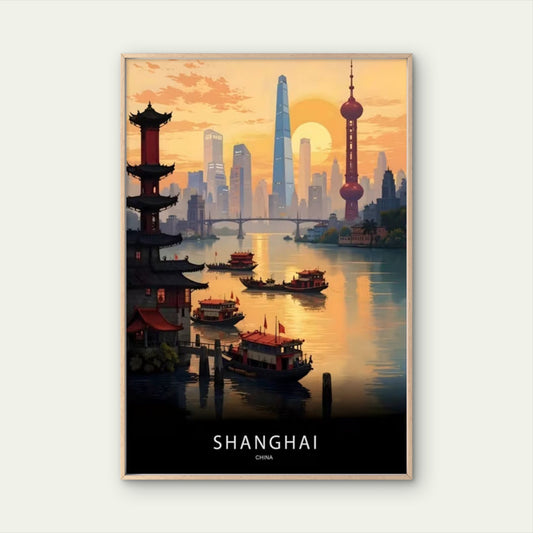 Shanghai China Skyline Ink Painting Travel Poster Print Wall Art