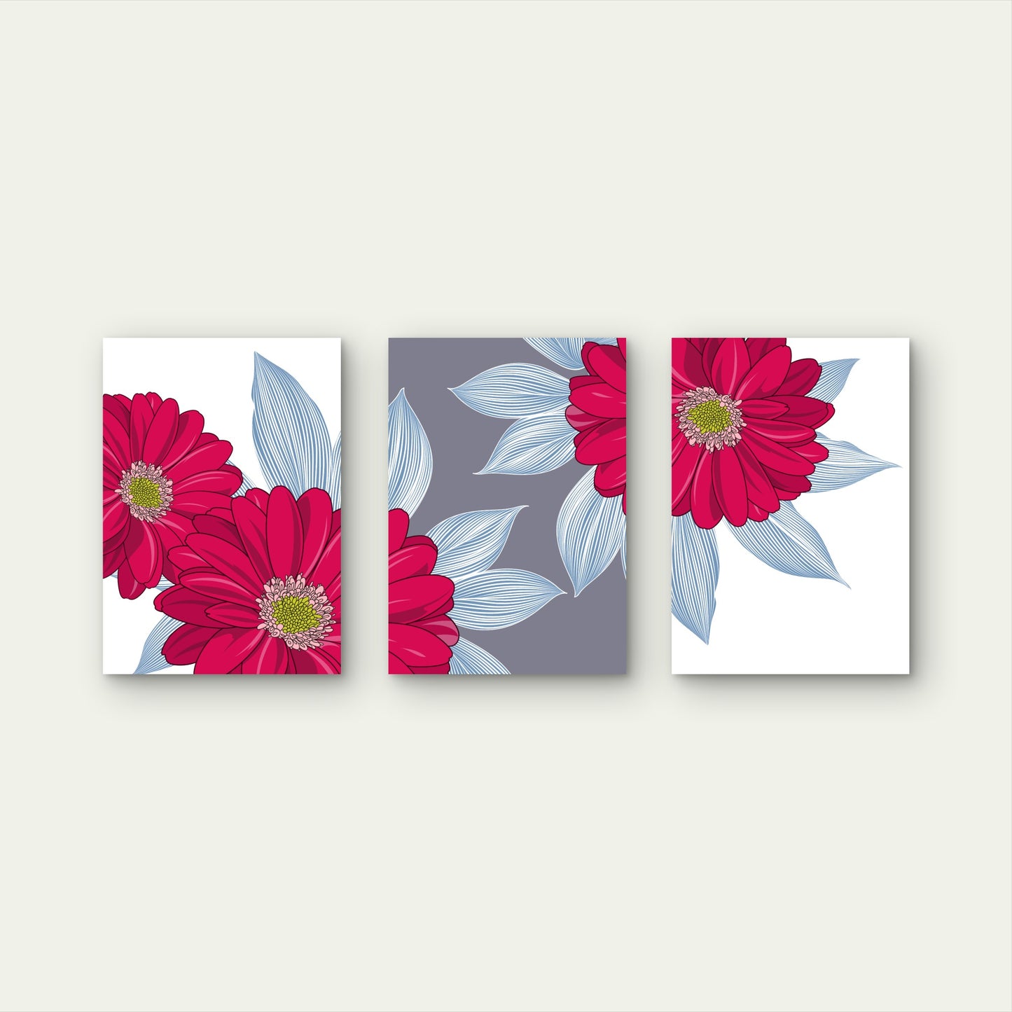 3pcs Pink Red Daisy Floral Line Illustration Drawing    Wall Art Set Canvas Framed 40x60cm - High Quality Print 100% Australian Made Wall Canvas Ready to Hang