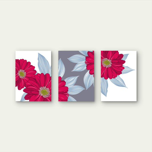 3pcs Pink Red Daisy Floral Line Illustration Drawing Wall Art Set Canvas Framed 50x70cm - High Quality Print 100% Australian Made Wall Canvas Ready to Hang