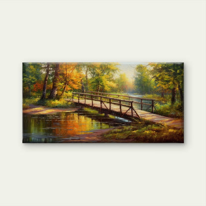 Autumn Wooden Bridge Forest River Wall Art Canvas Office Home Framed 120x60cm