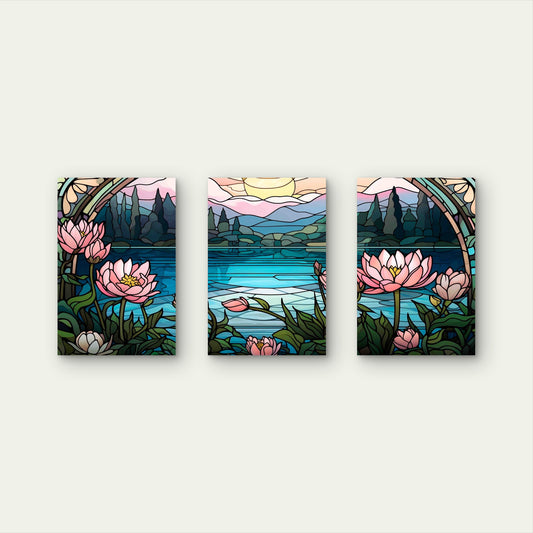 3pcs Pink Lotus Lake Mountain Metal Print Ready to Hang Art