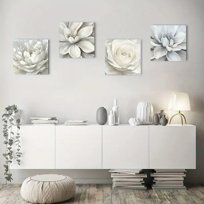 4pcs  Rainy Day White Flowers  Wall Art Canvas Framed