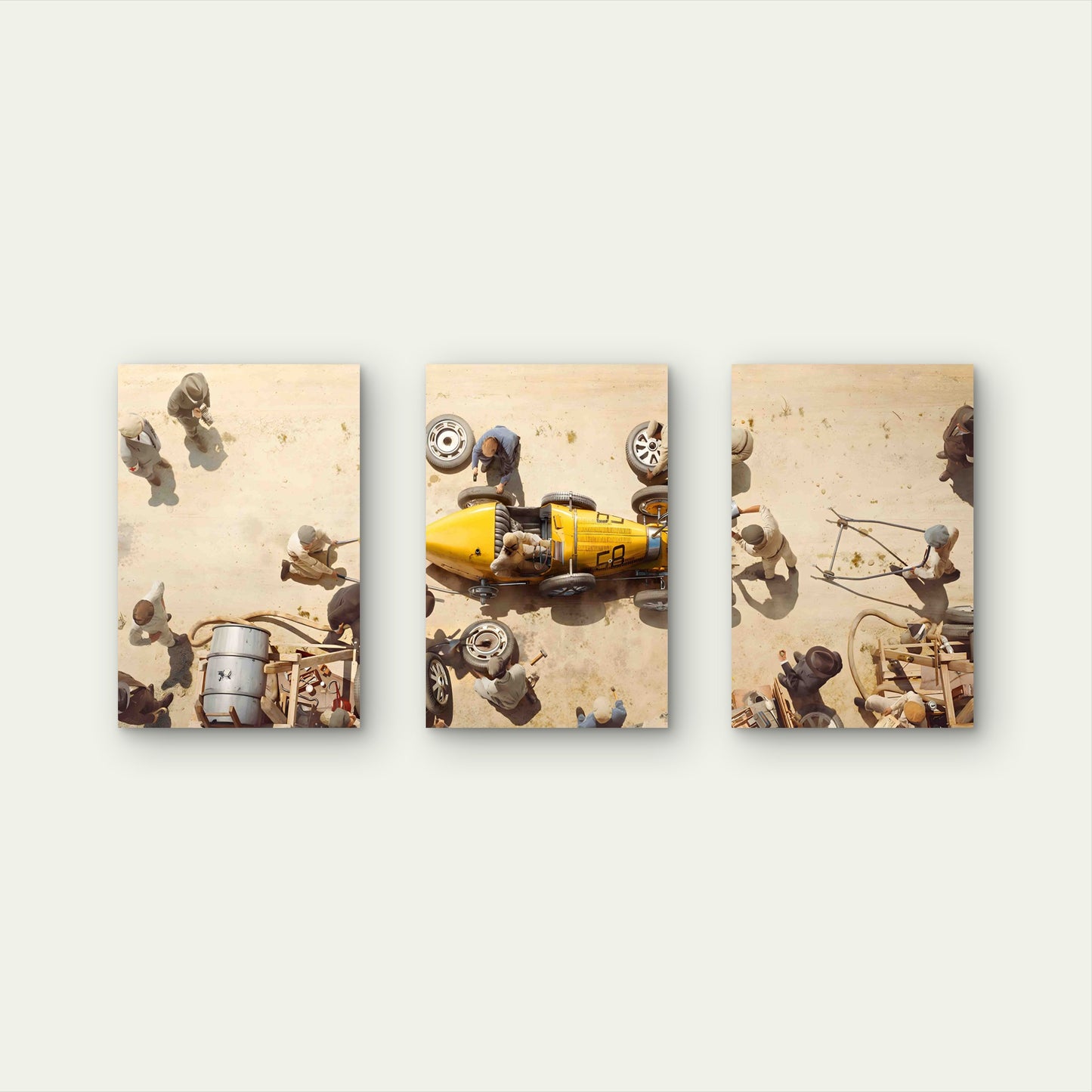 3pcs Vintage Yellow Racing Car Pit Stop Aerial Vie Metal Print Ready to Hang Art
