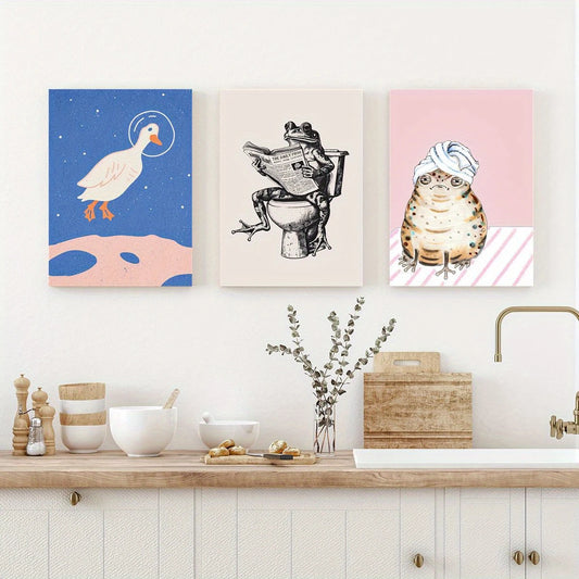 3pcs Animal, Duck and Frog Bathroom Classic Design Metal Print Ready to Hang Art