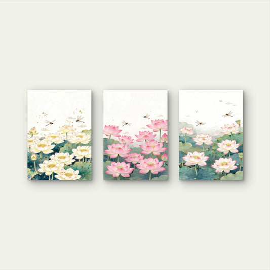 3pcs Chinese Watercolor Pink Lotus Flower Wall Art Set Canvas Framed 40x60cm - High Quality Print 100% Australian Made Wall Canvas Ready to Hang