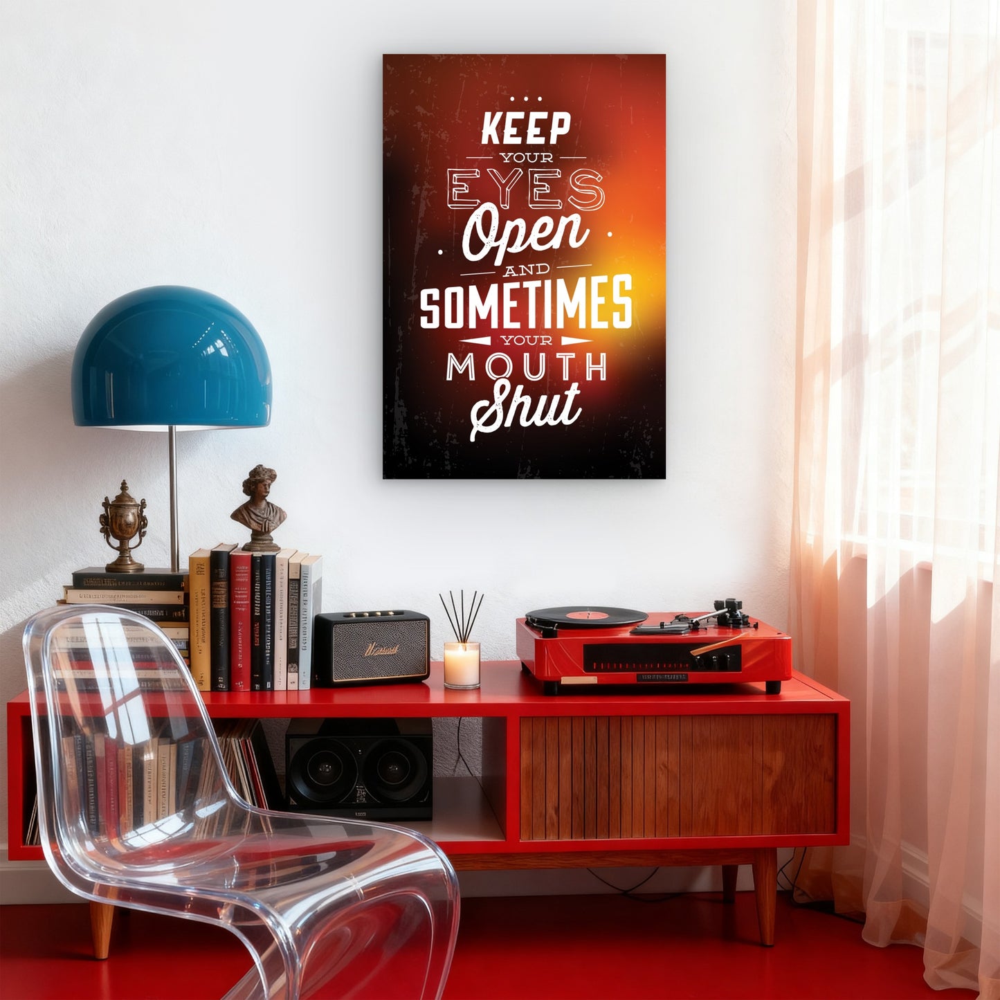 Keep Your Eyes Open Glowing Typography 40x60cm Metal Print Ready to Hang