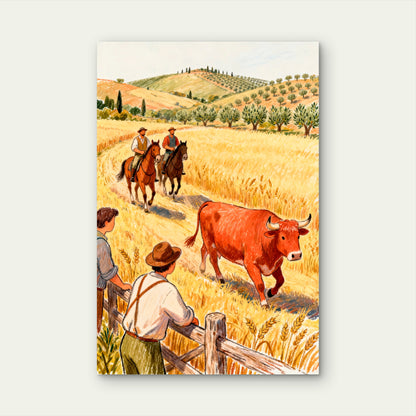 Farmers on Horseback Following a Bull 40x60cm Metal Print Ready to Hang