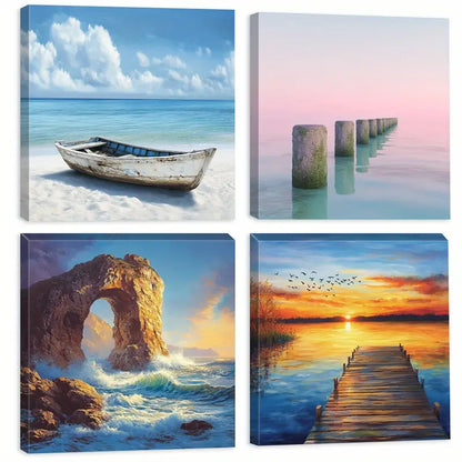 4pcs Sunset & Wave Scenes Wall Art Canvas Framed