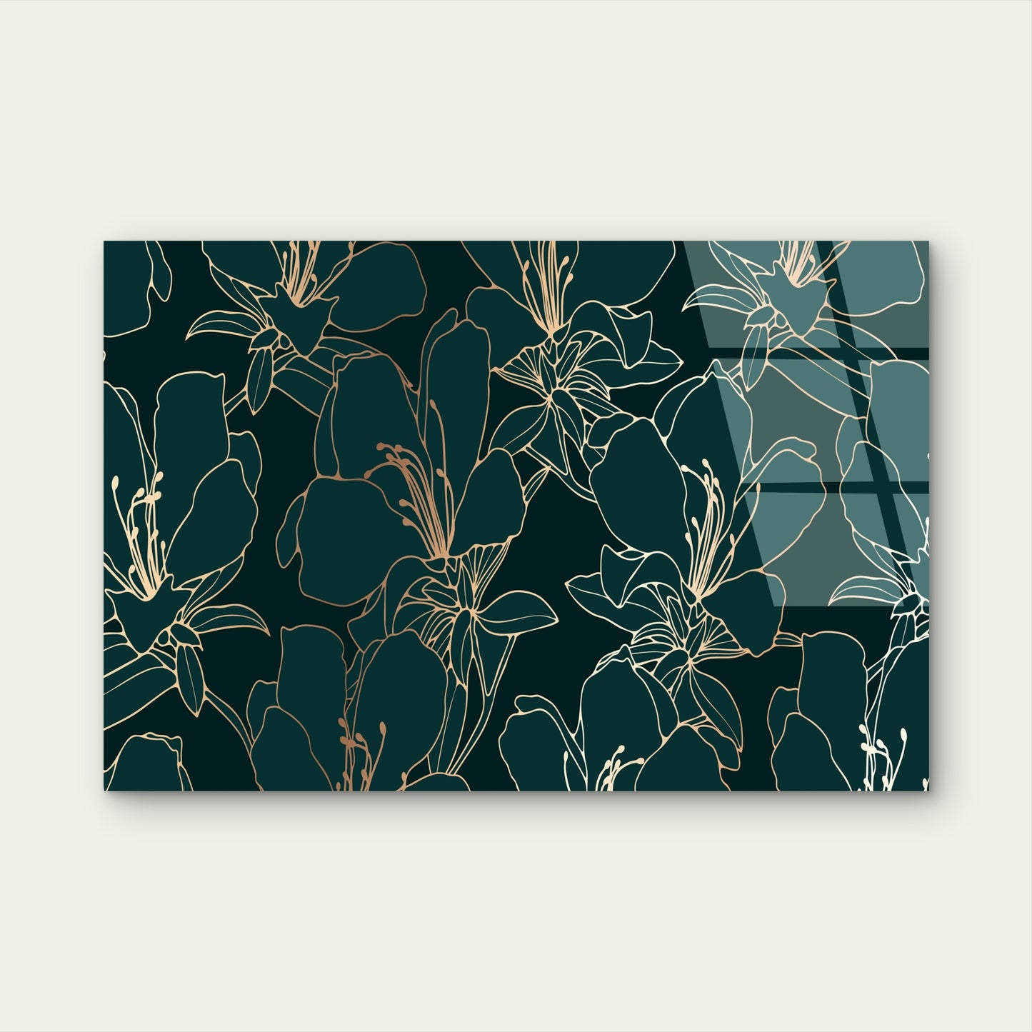 Modern Dark Green Gold Floral Line  Acrylic Glass Printing Wall Art Australian Made Quality