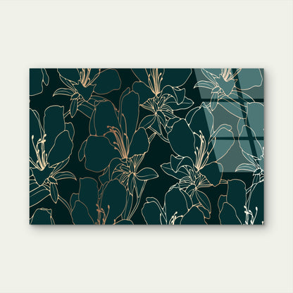 Modern Dark Green Gold Floral Line  Acrylic Glass Printing Wall Art Australian Made Quality