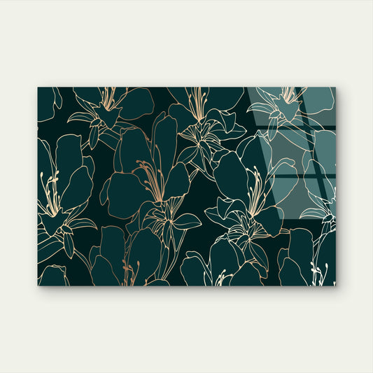 Modern Dark Green Gold Floral Line  Acrylic Glass Printing Wall Art Australian Made Quality