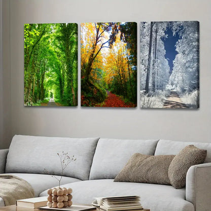 3pcs Green Autumn Snowy Forest Wall Art Set Canvas Framed 50x70cm - High Quality Print 100% Australian Made Wall Canvas Ready to Hang