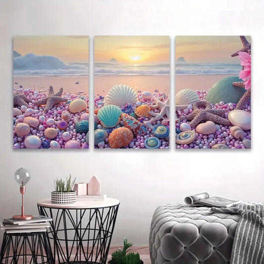 3pcs Seashells and Starfish Beach Decor Art Wall Art Set Canvas Framed 40x60cm - High Quality Print 100% Australian Made Wall Canvas Ready to Hang