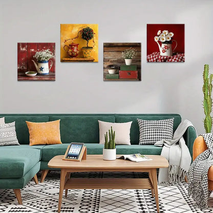 4pcs Red And White Accents Floral Arrangements Wall Art Canvas Framed