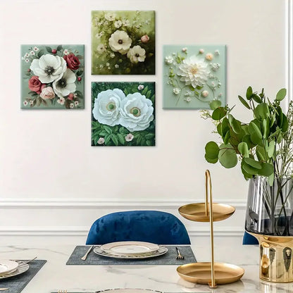 4pcs Flowers Square White Peony Wall Art Canvas Framed