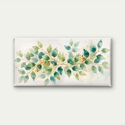 Watercolor Teal Green Leaves Gold Splatter Branches Wall Art Canvas Office Home Room Framed 120x60cm