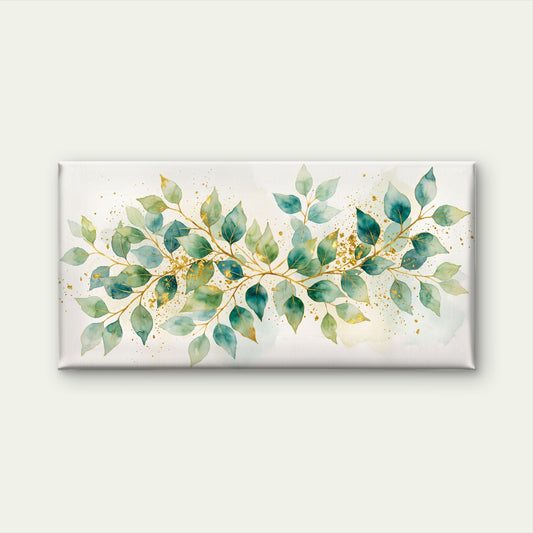 Watercolor Teal Green Leaves Gold Splatter Branches Wall Art Canvas Office Home Room Framed 120x60cm
