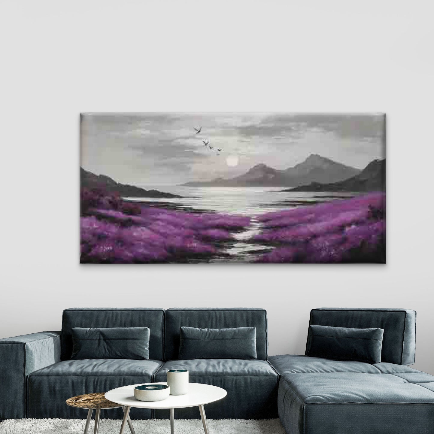 Purple Meadow & Mountain Sunset Wall Art Canvas Office Home Room Framed 120x60cm