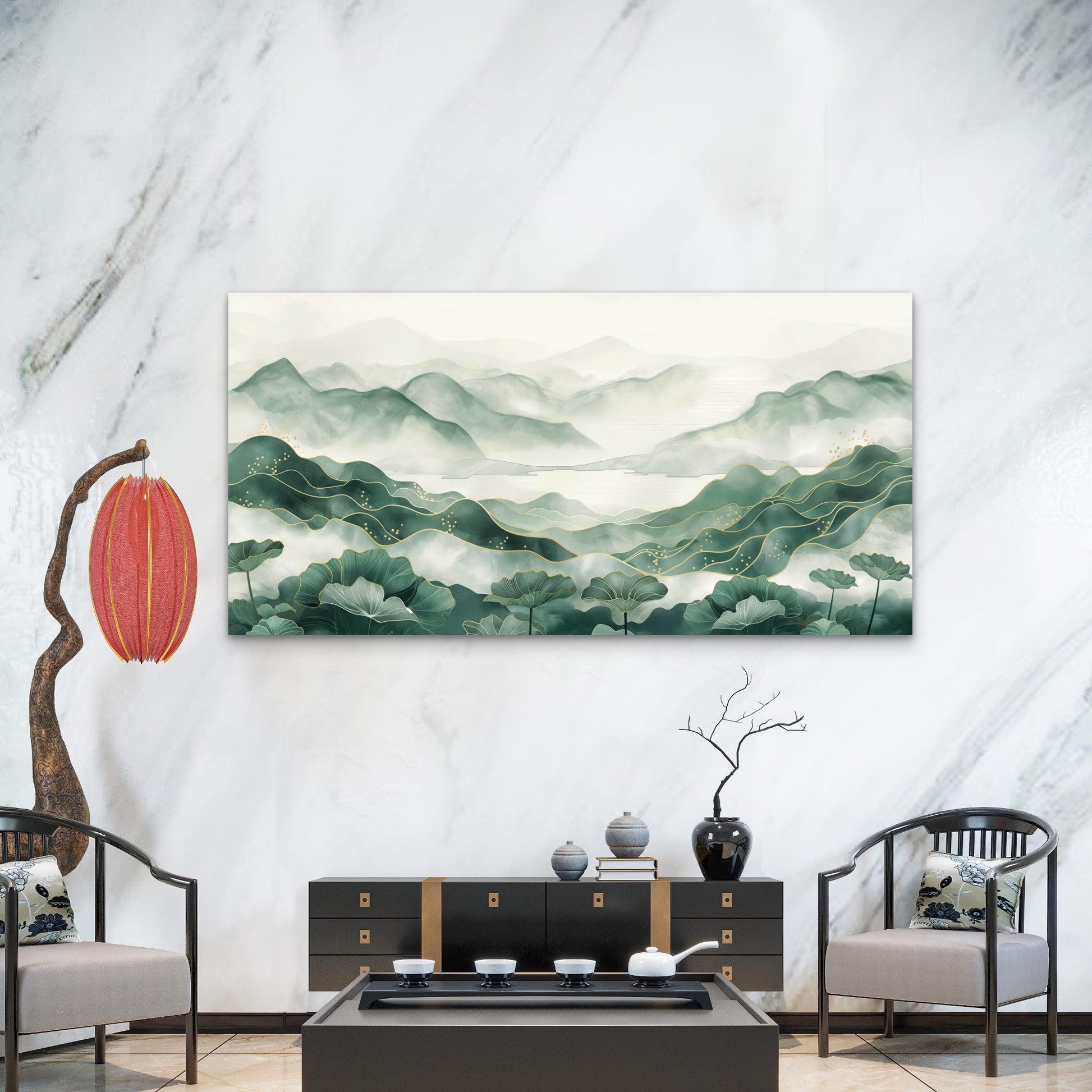 Misty Peaks, Golden Lines Wall Art Canvas Office Home Room Framed 120x60cm - Bella Home Decor