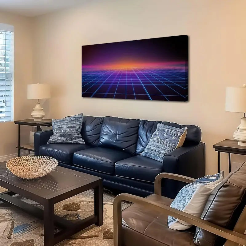 Retro Surface Blue Lines Purple & Orange Wall Art canvas office home room framed 120x60cm - Bella Home Decor