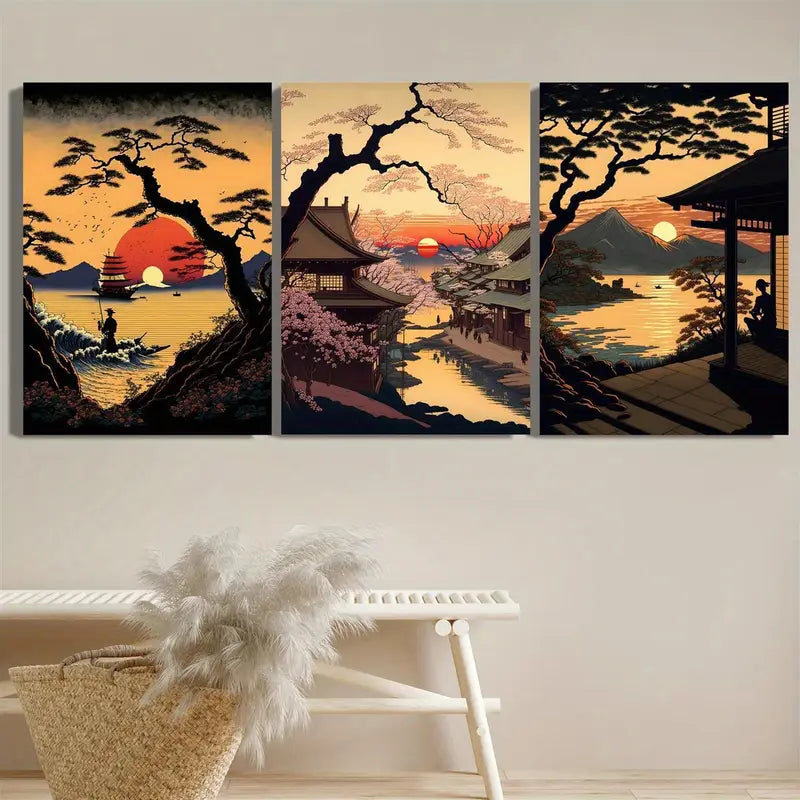 3pcs Cherry Blossoms, Sunset & Waves Metal Print Ready to Hang Art - Bella Home Decor
