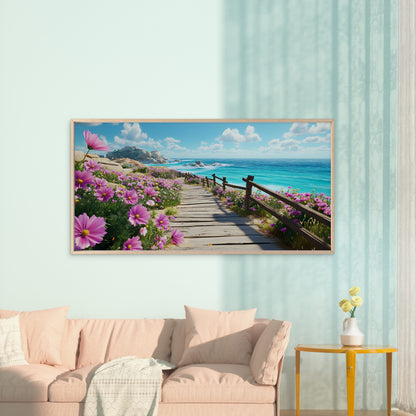 Seaside Walk Through Flowers Wall Art Canvas Office Home Room Framed 120x60cm