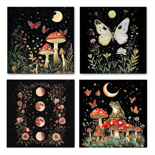 4pcs Full Moon, Mushrooms, Insects & Frogs Wall Art Canvas Framed