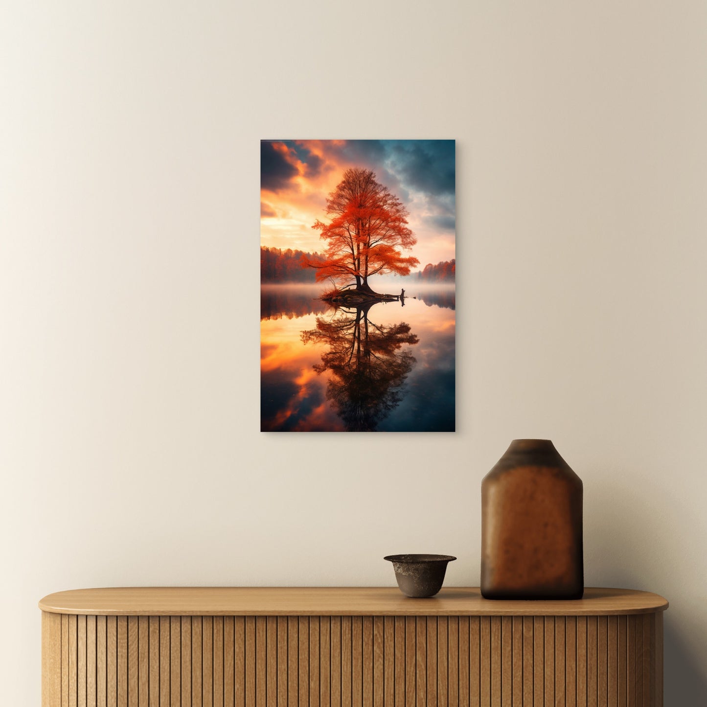 Autumn Red Tree Lake Reflection 40x60cm Metal Print Ready to Hang