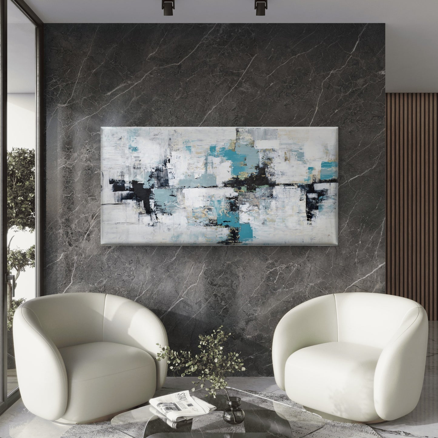Teal Grey Block Abstract Wall Art Canvas Office Home Room Framed 120x60cm