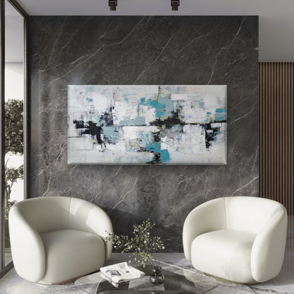 Teal Grey Block Abstract Wall Art Canvas Office Home Room Framed 120x60cm