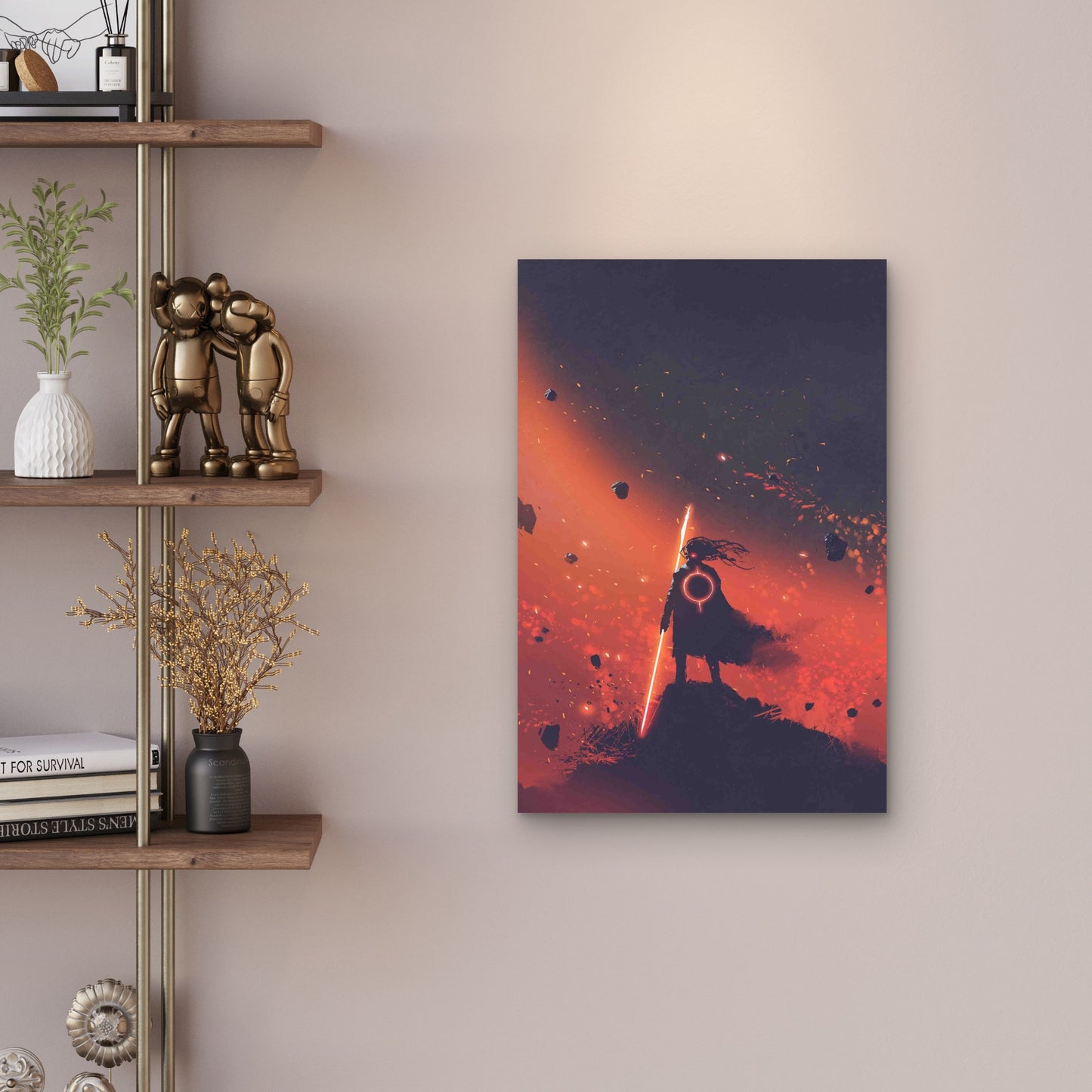 Man with the Light Sword Standing Against Red Space 60x90cm Metal Print Ready to Hang - Bella Home Decor