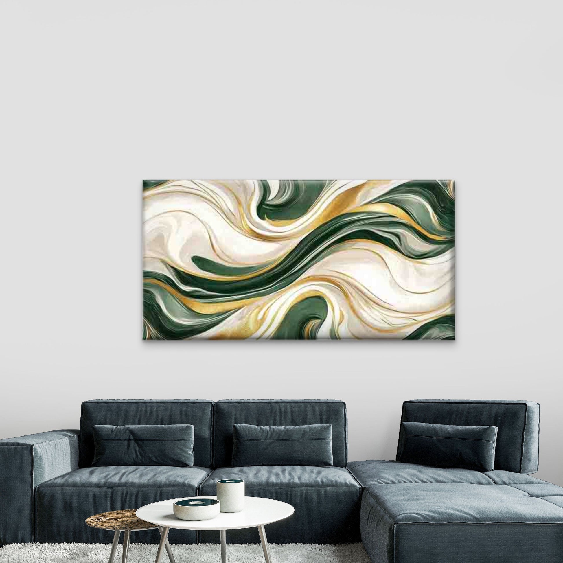 Abstract Waves in Green, White Wall Art Canvas Office Home Room Framed 120x60cm - Bella Home Decor