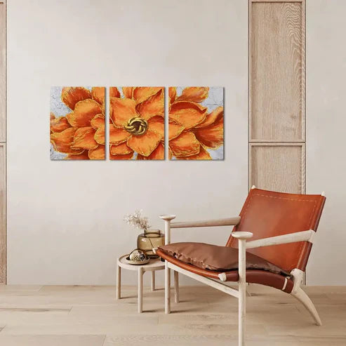 3pcs Orange and Golden Floral Giclee Wall Art Set Canvas Unframed - High Quality Print 100% Australian Made Wall Canvas