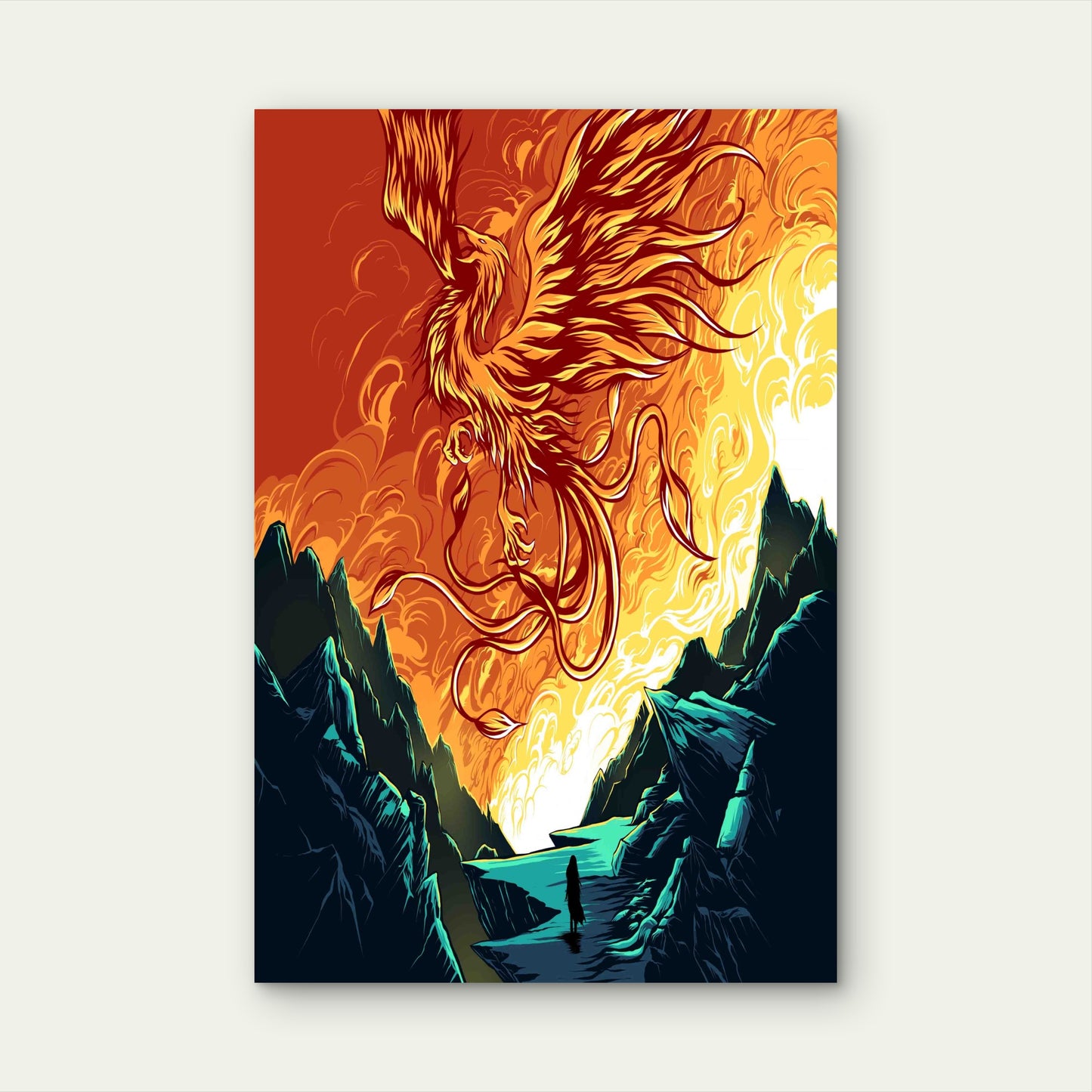 Fiery Phoenix Rising Above Lava River 60x90cm Metal Print Ready to Hang