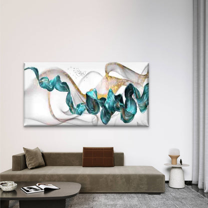 Fluid Shapes in Teal And Golden Wall Art Canvas Office Home Room Framed 120x60cm - Bella Home Decor