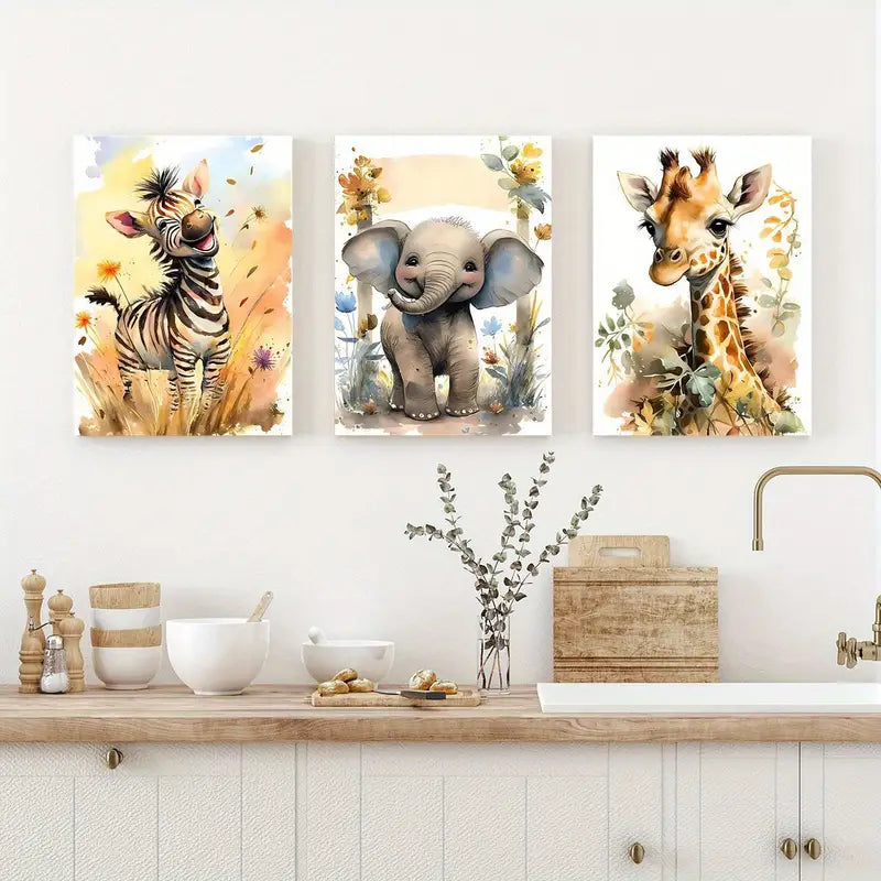 3pcs Watercolor Lions, Elephants, Giraffes Metal Print Ready to Hang Art